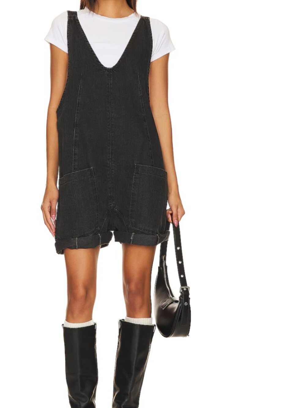 Free People High Roller Overalls M Womens Black Gray Shortalls Cuffed Hem V Neck